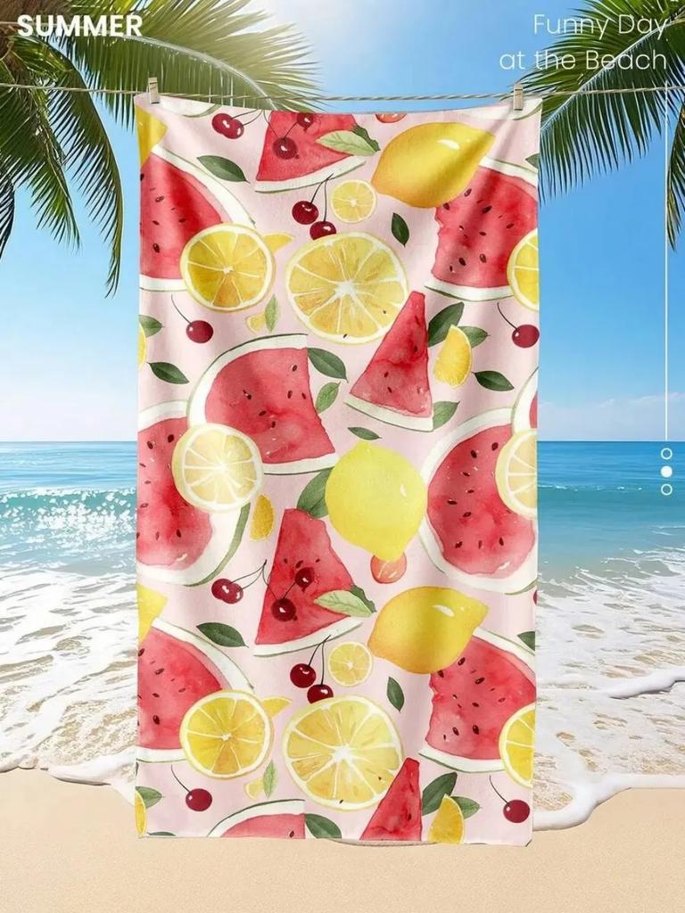 Summer Fruit Microfiber Beach Towel, Watermelon Lemon Cherry Bath Towel, Cute Tropical Travel Blanket for Women Girls Gift