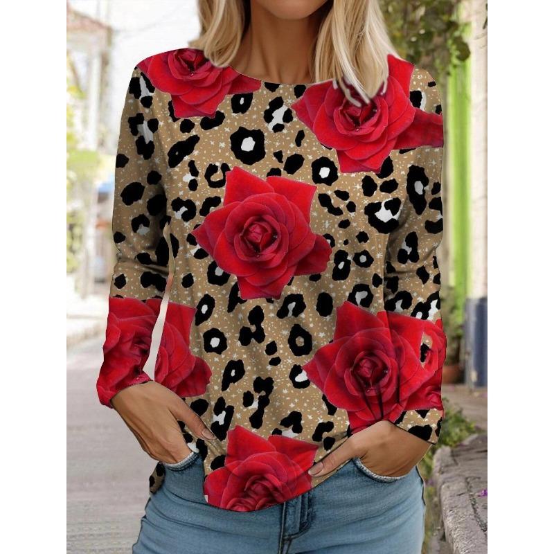 Spring And Autumn Long Sleeve Lip Print Leopard Printed T-Shirts Women Basic Casual Tops Female Loose Round Neck Tees Clothing