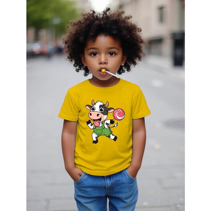 European Size Boys Round-neck Short-sleeved T-shirt with Cartoon Cow Holding Lollipop Pattern Print