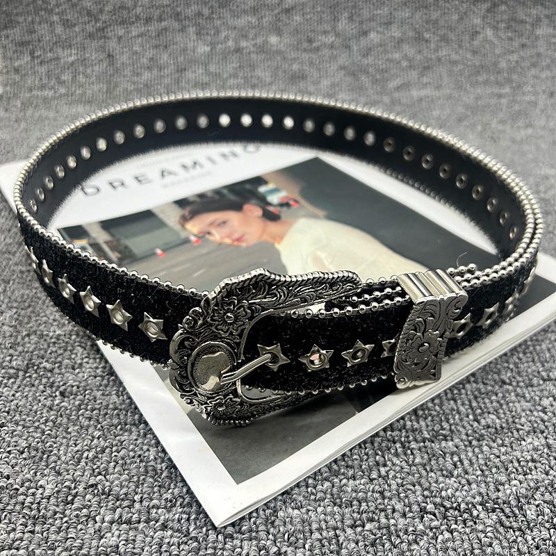 Hollow Star Sequin Pattern Belt Women's Black Belt Design Belt