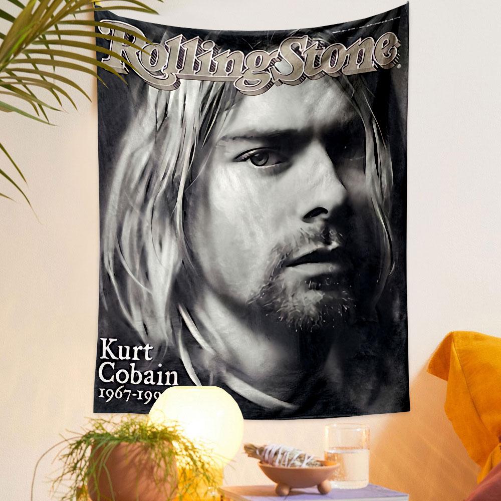 Grayscale portrait with text overlay on magazine cover design. Patterned tapestry for bedroom and living room home decor