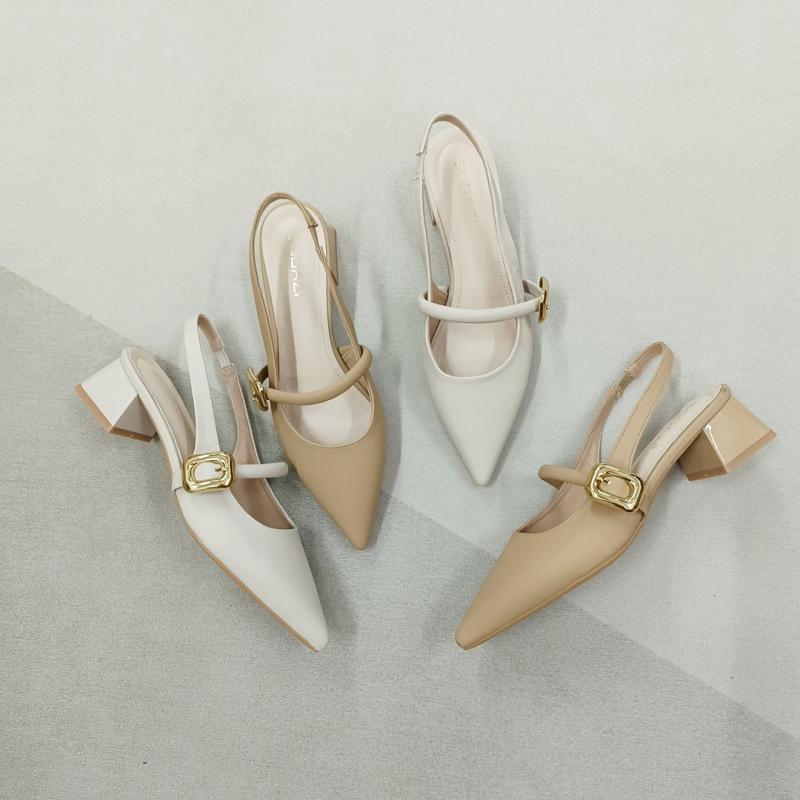 Sandals Single Shoes Women's Summer 2025 New Versatile Soft Leather Thick Heel Soft Sole Temperament Korean Version Shallow Mouth Pointed Shoes