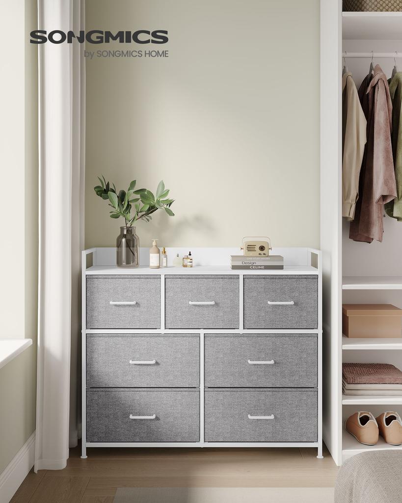 SONGMICS Chest of Drawers, Bedroom Cabinet, 7 Fabric Drawers with Handles, Metal Frame, Dove Grey and Cloud White