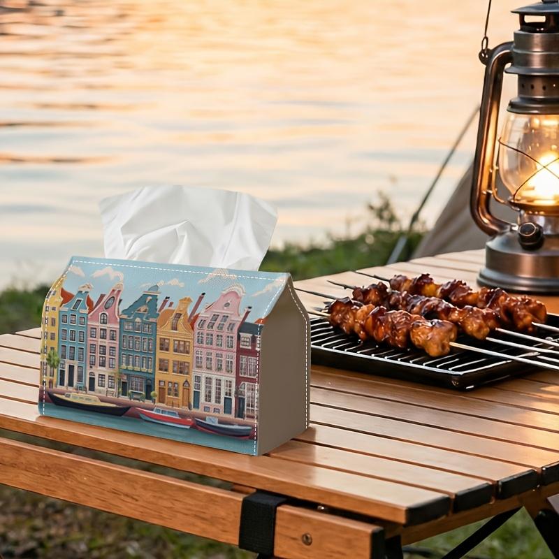2D Flat,1pc European City Illustration- Canal Houses Row, Rectangular Tissue Box, Kitchen Table Layout, Convenient and Easy To Clean, a Daily Desktop