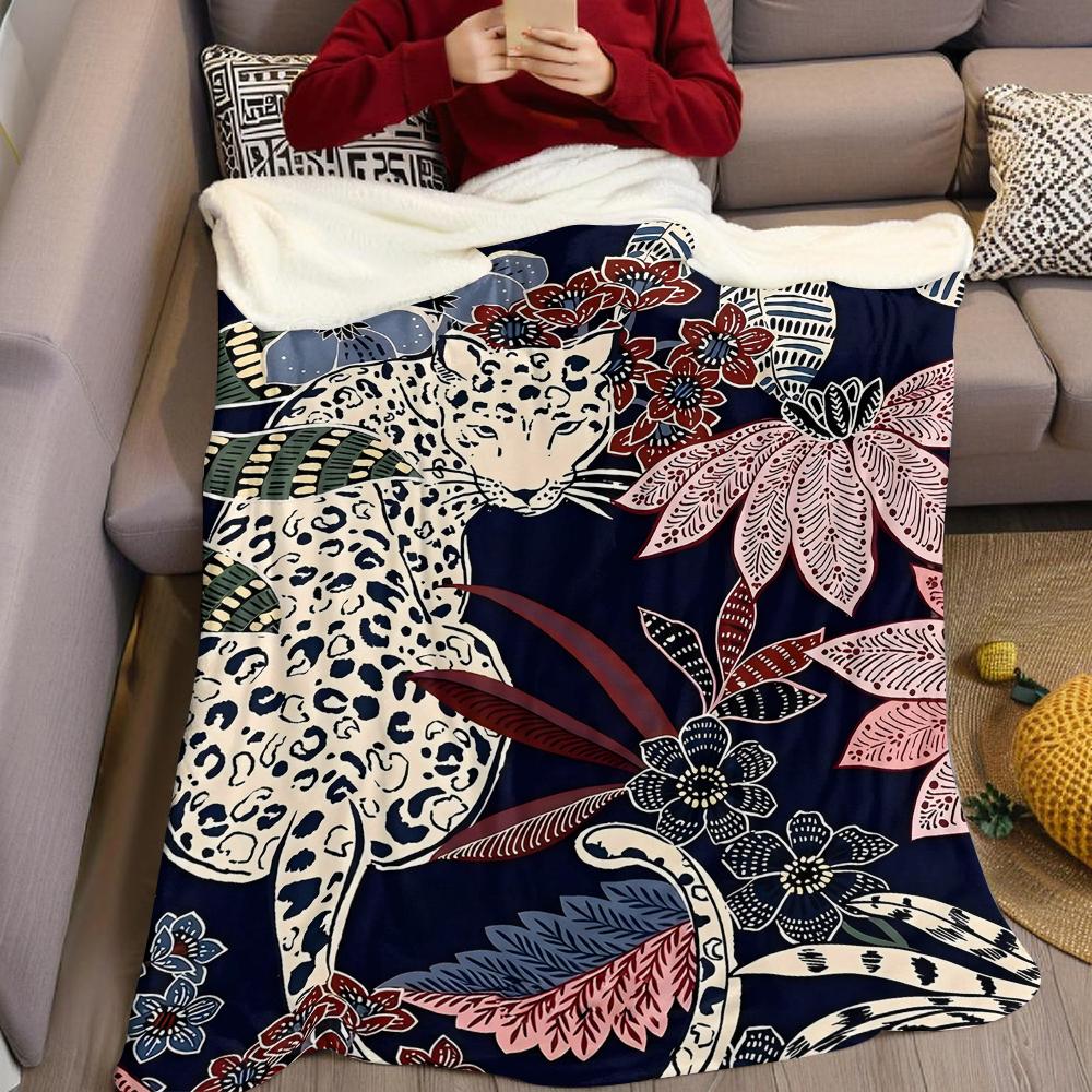 Elegant Leopard & Floral Flannel Blanket Warm Soft Halloween Christmas Couch Warm Cozy Decorative Decor Gift for All Season
