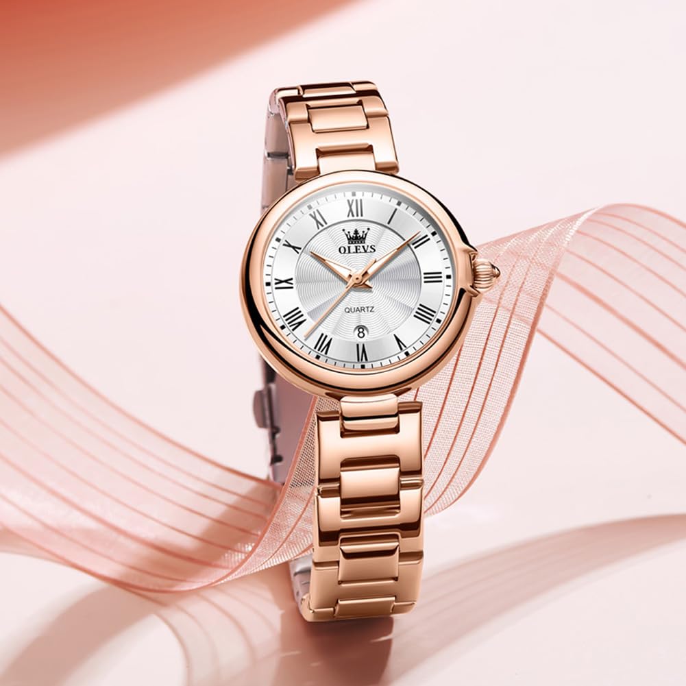 OLEVS Women's Quartz Watch, Cute, Lightweight, Stainless Steel, Waterproof, Luminous, Gift, Rose Gold & White