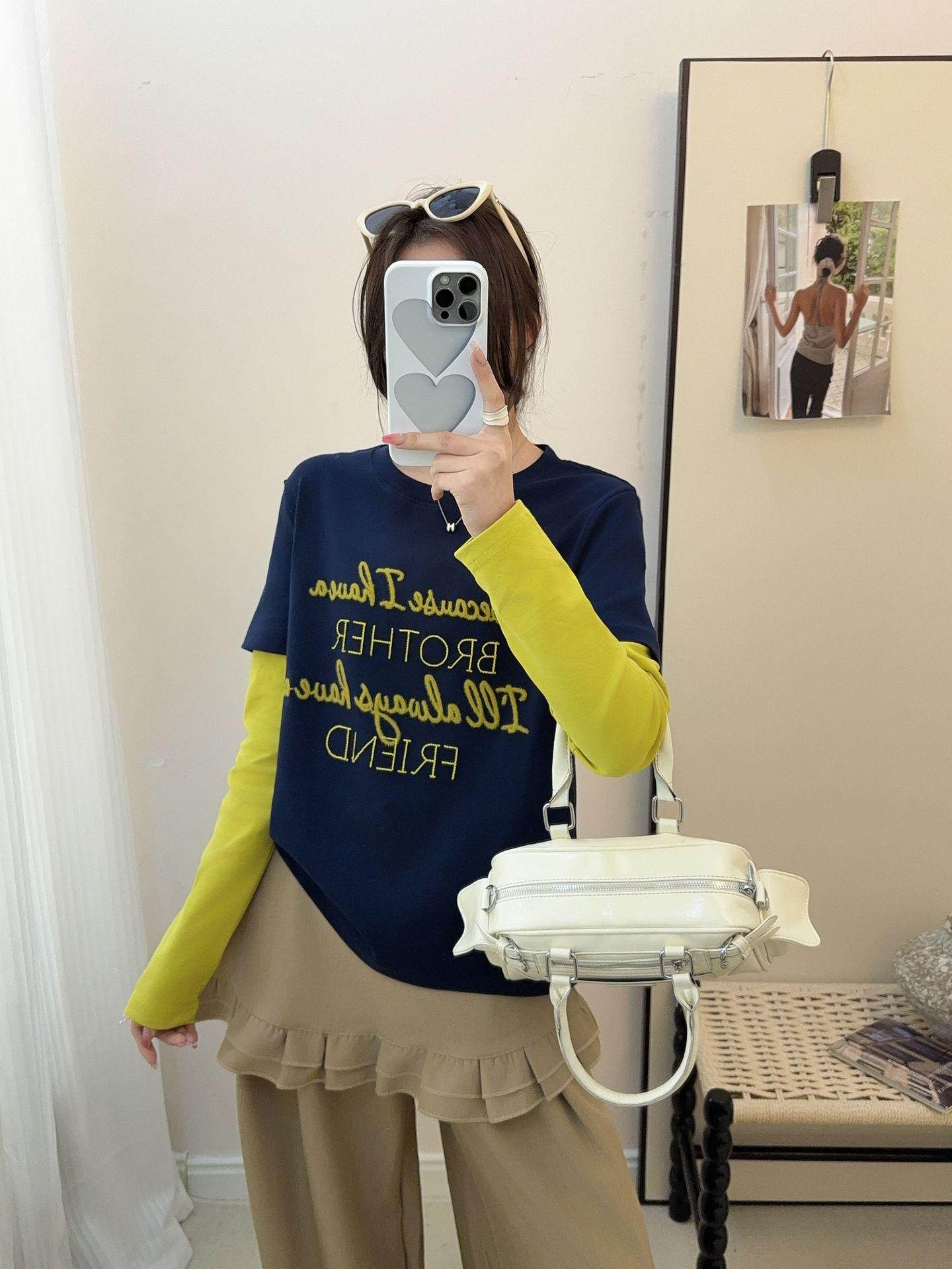 

Korean Style Embroidered Two-in-One Color Block Long Sleeve Women s Top - New Spring Arrival, Stylish & Versatile. Large