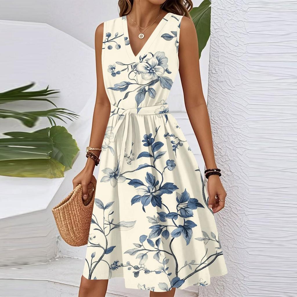 Women's Summer Fashion Loose V-Neck Sleeveless Lace-Up Floral Print Dress