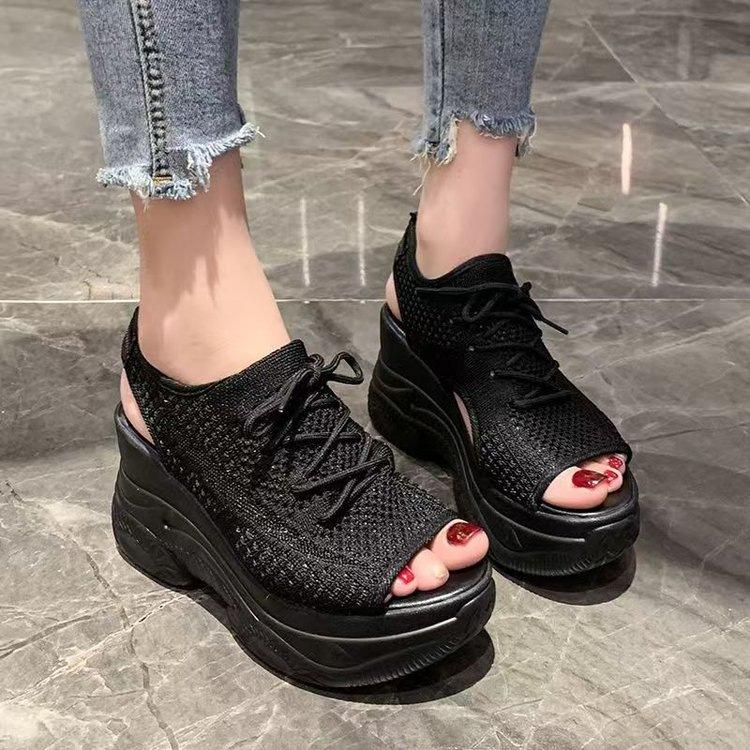 Fashion platform sports sandals fish mouth outer wear new summer wedge heel muffin sandals 35 чёрный