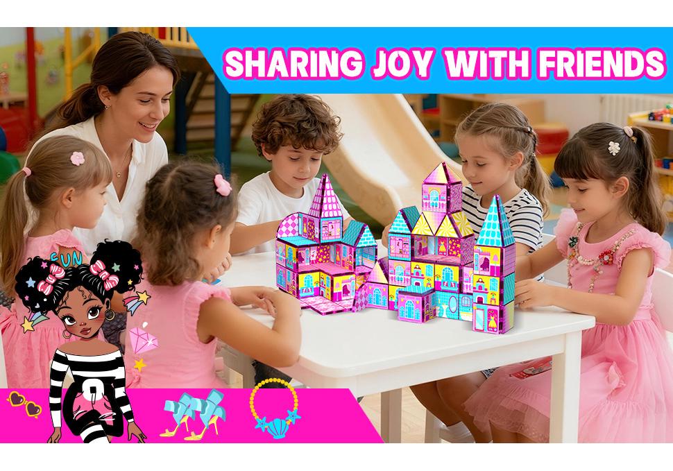 Colorful Magnetic Tiles Pink Dollhouse Set - STEM Educational Toy