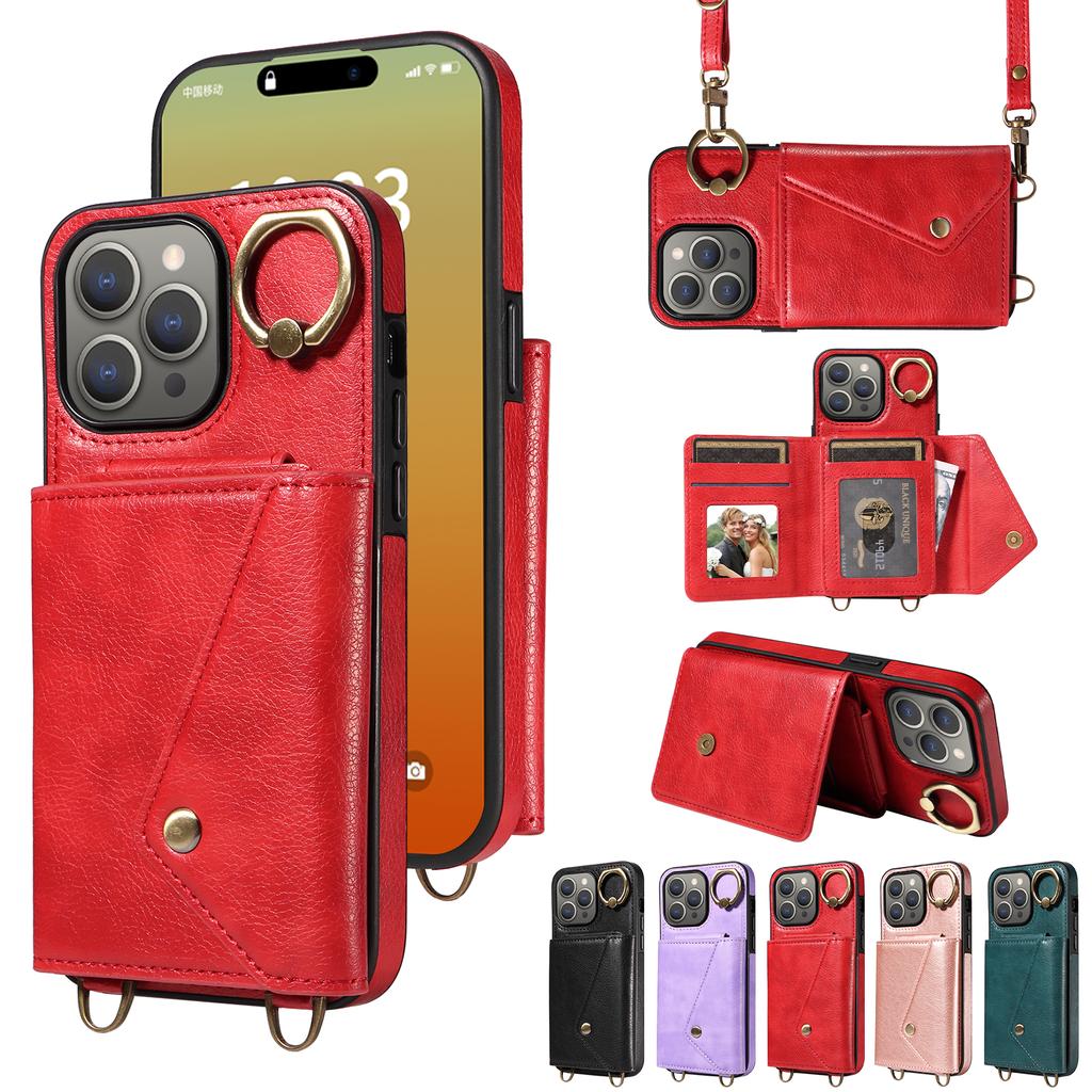 For iPhone 15 Series.for iPhone 15,15 Plus,15 Pro,15 Pro Max Shoulder Strap Rope Ring Bracket Design Card Holder Slots Lichee Pattern Cover Phone Case