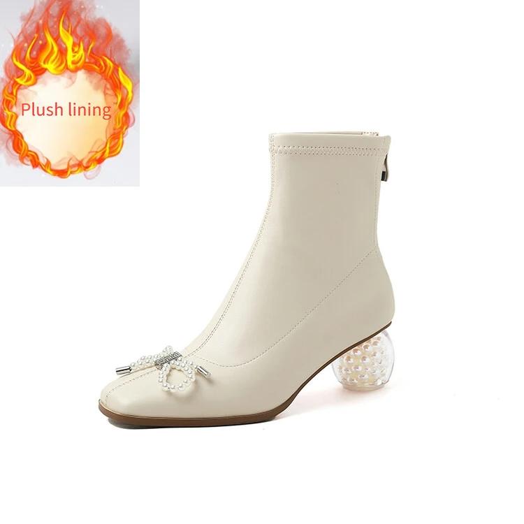 Fashion Thick Heeled Square Toe Pearl/chain Elastic Slim Fit Boots  Autumn and Winter Black Beige Fashion Women's Short Boots Size 34-42