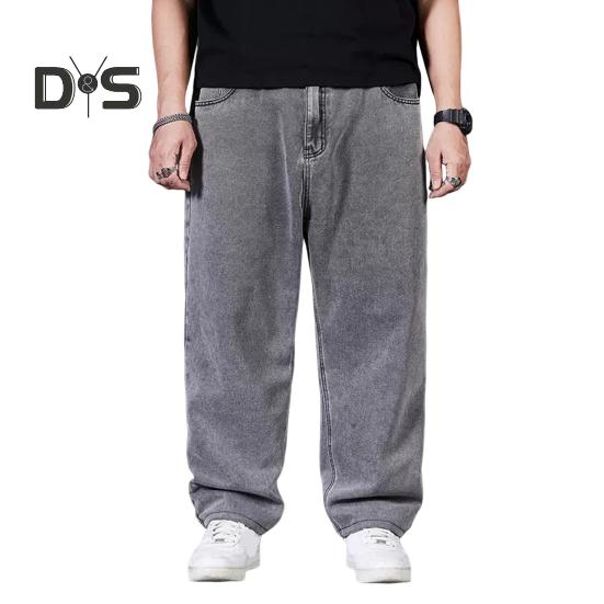 Men Jeans High Waist Solid Color Spliced Denim Pants with Pockets Straight Wide Leg Long Pants Daily Wear