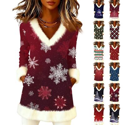 Dam Julmode Plysch V-ringad Pullover Tryckt Långärmad Topp