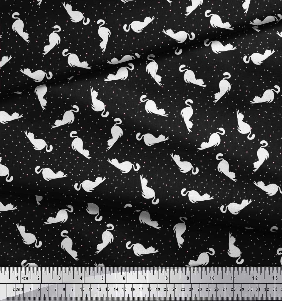 Soimoi Black Poly Crepe Fabric Floral & Cat Animal Print Fabric by the Yard 42 Inch