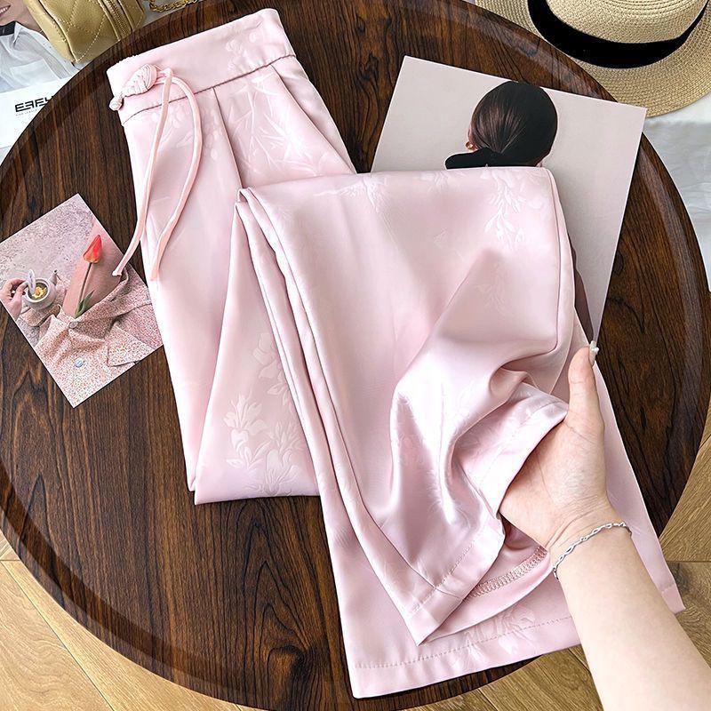 Women's Summer High-Waist Wide-Leg Ice Silk Pants - Chinese Style, Slimming, Plus Size, Casual and Breezy.