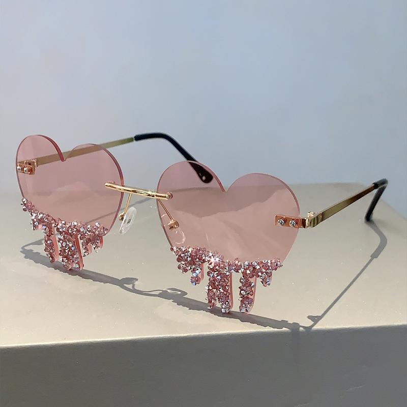 1/2 Pairs Heart Shaped Sunglasses with Rhinestones Women Fashion Rimless Rave Shades Trendy Original Design Sun Glasses