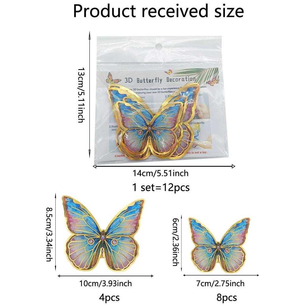 12 PCS 3D Butterfly Wall Decor Laser Butterfly Decorations for Birthday Party Cake Decorations Butterfly Wall Decor Stickers for Baby Shower Decals