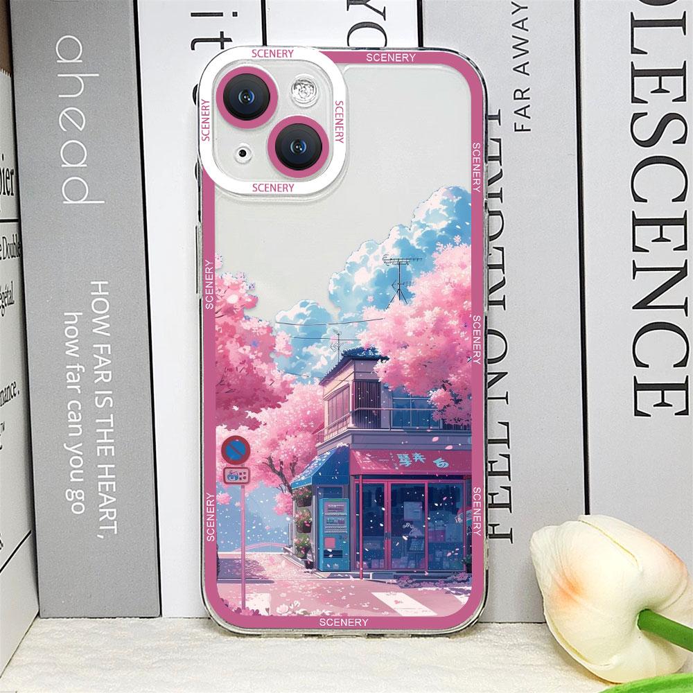 

Japanese Landscape Cherry Blossoms Phone Case for IPhone 11 12 13 14 15 16 Pro Max Mini XS X 7 8 14Plus Clear Soft Scenery Cover For iPhone 14 ProMax