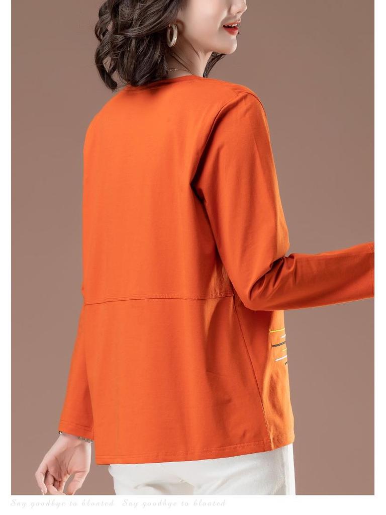 Damen Übergröße Langarm Baumwoll-T-Shirt mit Stickerei für den Frühling