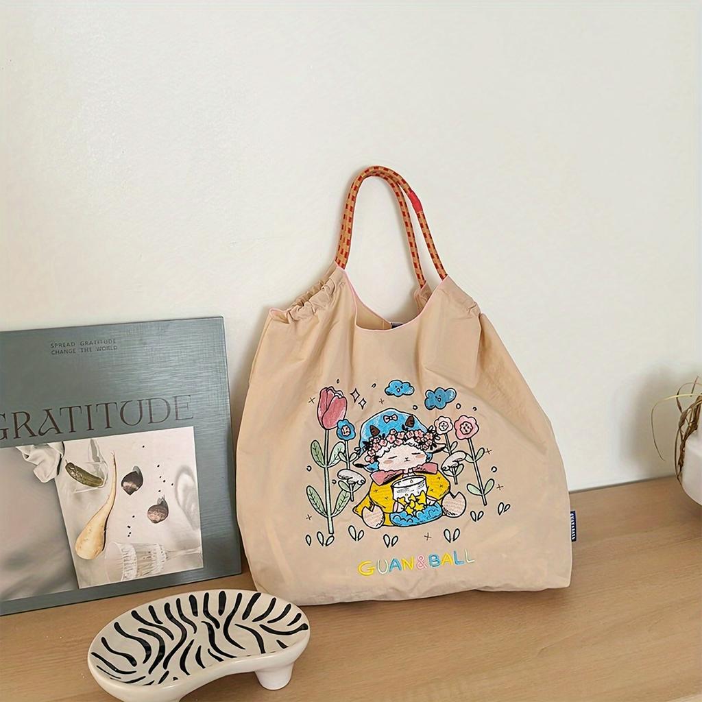 1pc Ball&Chain Astronaut Environmental Bag Kawaii Nylon Canvas Embroidery Large Capacity Shoulder Bag Shopping Bag Girls Gifts