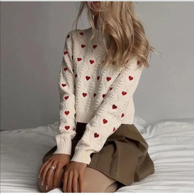 Kadın Moda Kalp Aşk Nakışlı Örme Kazak Vintage Uzun Kollu O-Yaka Kadın Şık Bayan Üstleri C-153