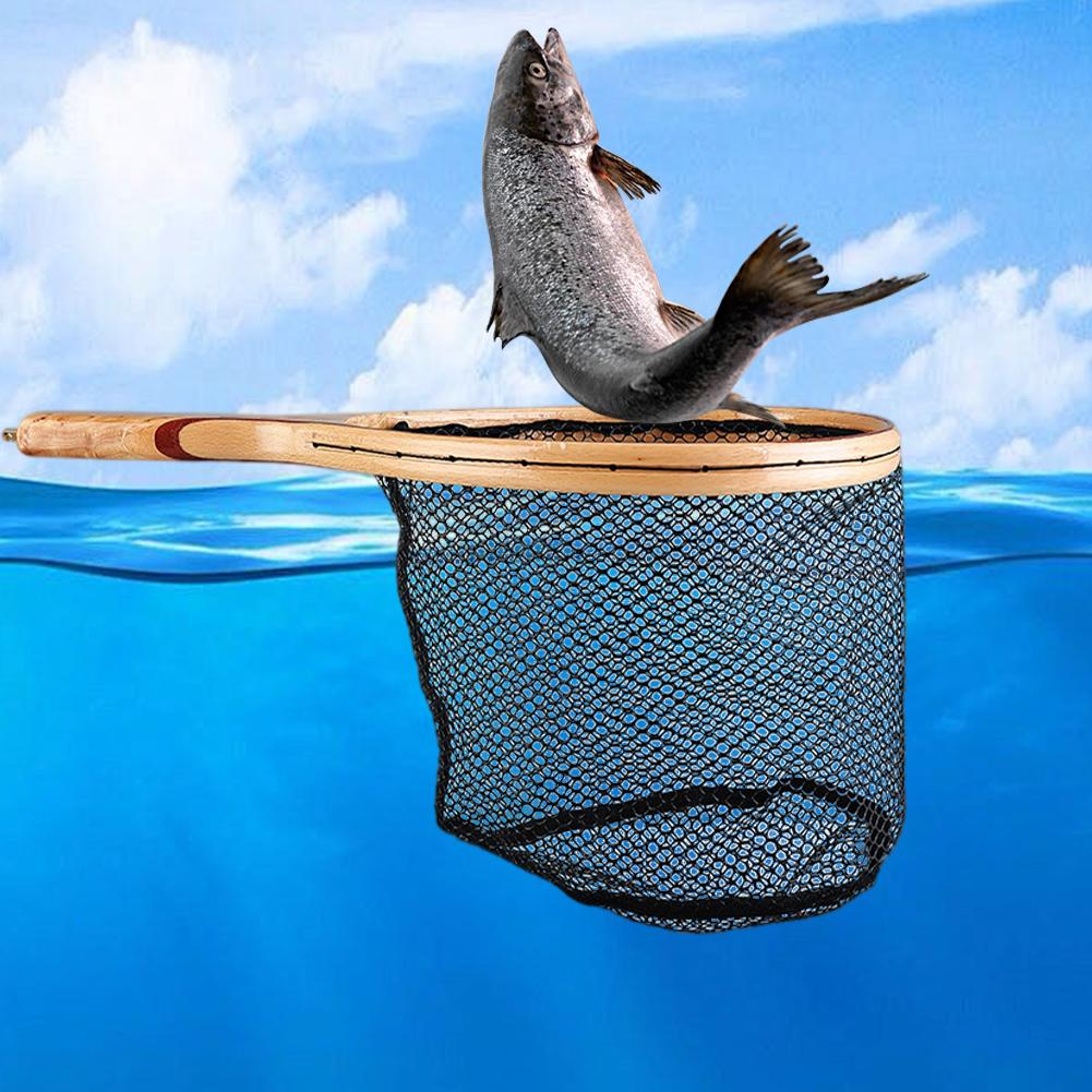 Wooden Handle Fly Fishing Landing Net Soft Rubber Mesh Catch and Release Net Floating Fishing Net Outdoor Fishing Accessories