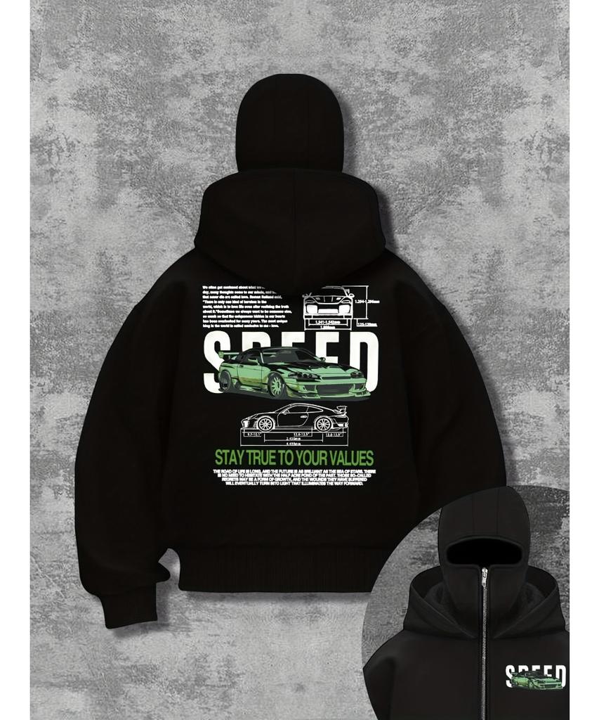 Men's Black Hooded Sweatshirt with Green Racing Print - "speed" Design, "loyal To You" Zipper Sweatshirt