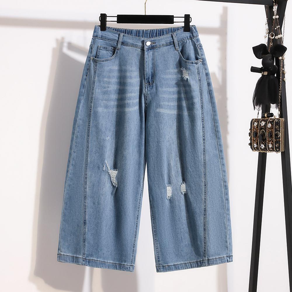 DIMANAF 2026 Summer New Plus Size Women Casual Ripped Wide Leg Denim Capris Jeans Long Pants Cotton Blue