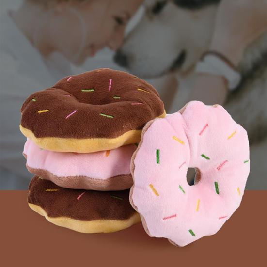 Dog Plush Donut Toy Interactive Squeaky Dog Chew Toy Stuffed Donut Puppy Teething Toy Relieves Boredom for Small Medium Dogs