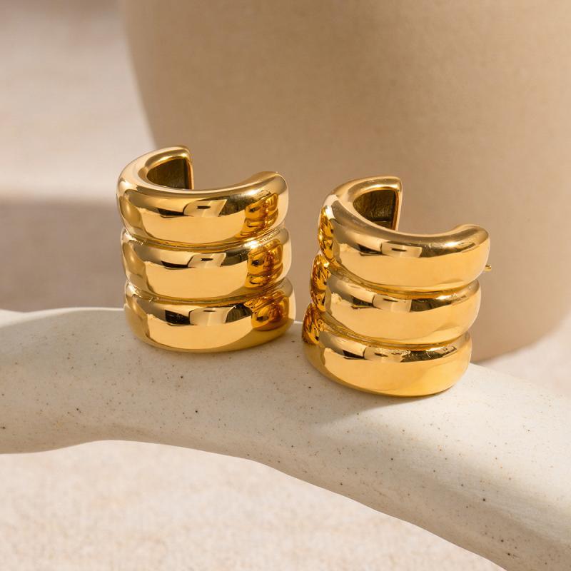 Simple C-Shape Texture Chunky Stud Earrings for Women Glossy Geometric Multilayer Wide Earrings Daily Charm Jewelry Accessories