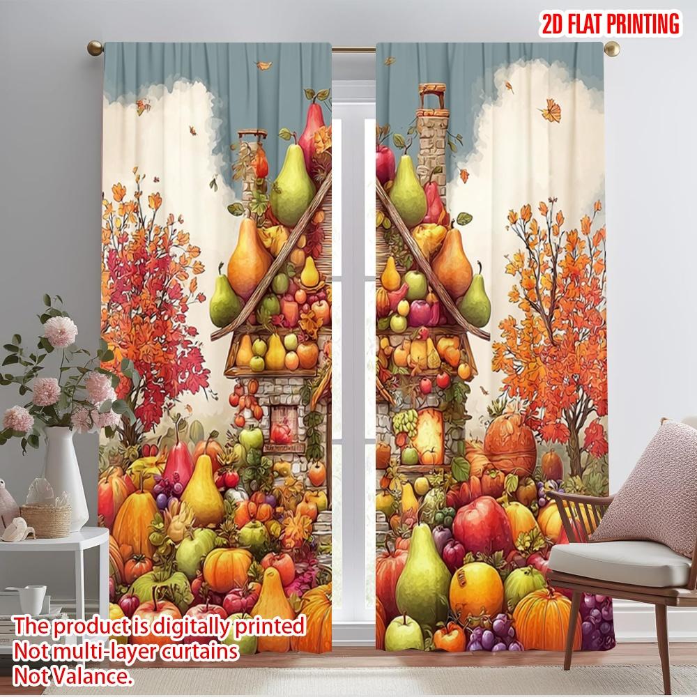 2pcs,2D Plane Printing Curtain Popular Autumn Fruit House Versatile Durable Polyester (without Rod) Room Decor Use for Bedroom