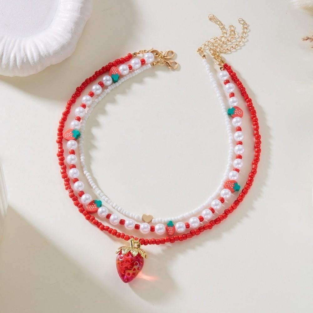 Multi-layer Pearl Beaded Necklace Bow Stacked Clavicle Choker Trendy Strawberry Necklace Women