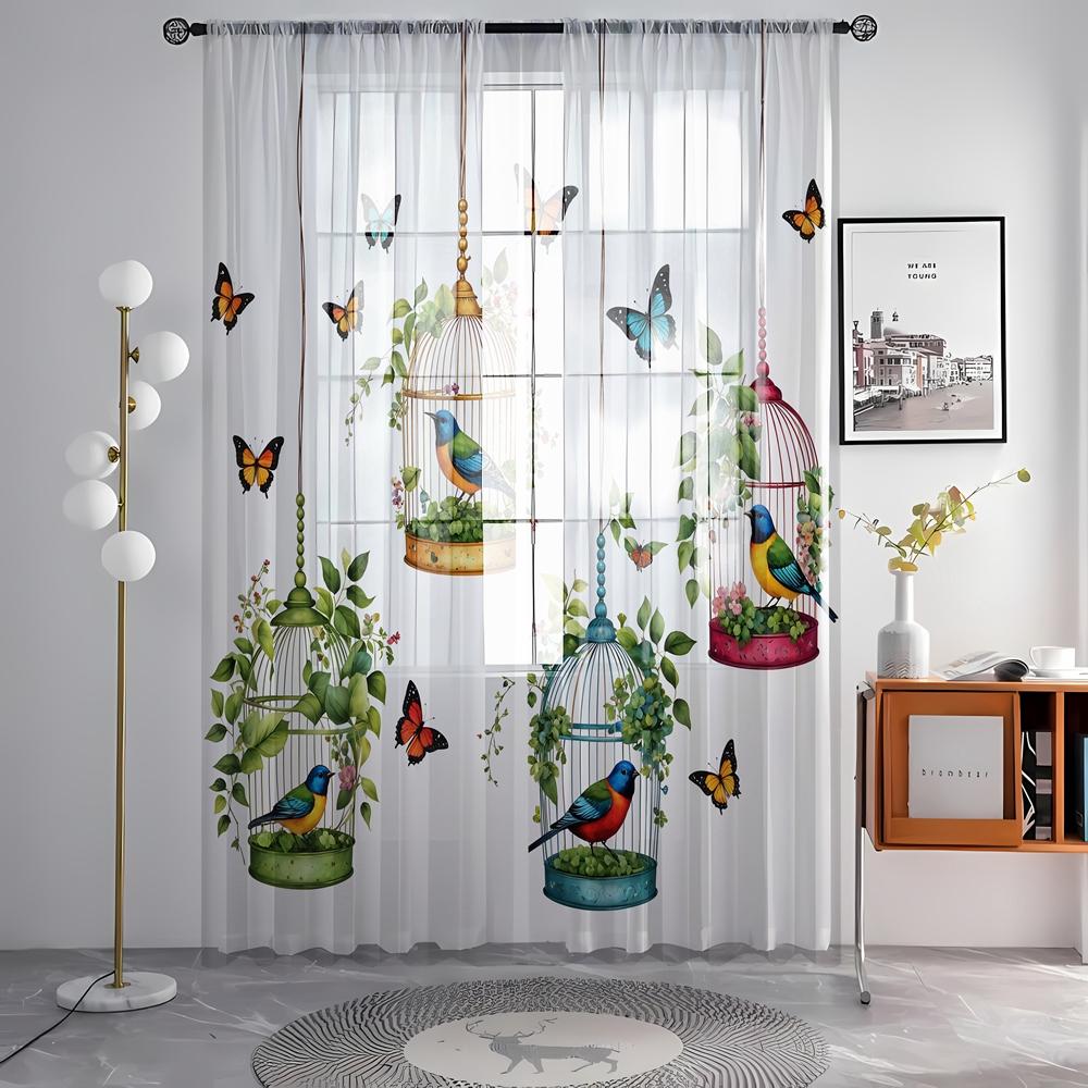 2 Pieces HD Digital Butterfly Caged Bird Printed Window Valance Home Decorating Style Decorating Living Room Bedroom Rodding Cur