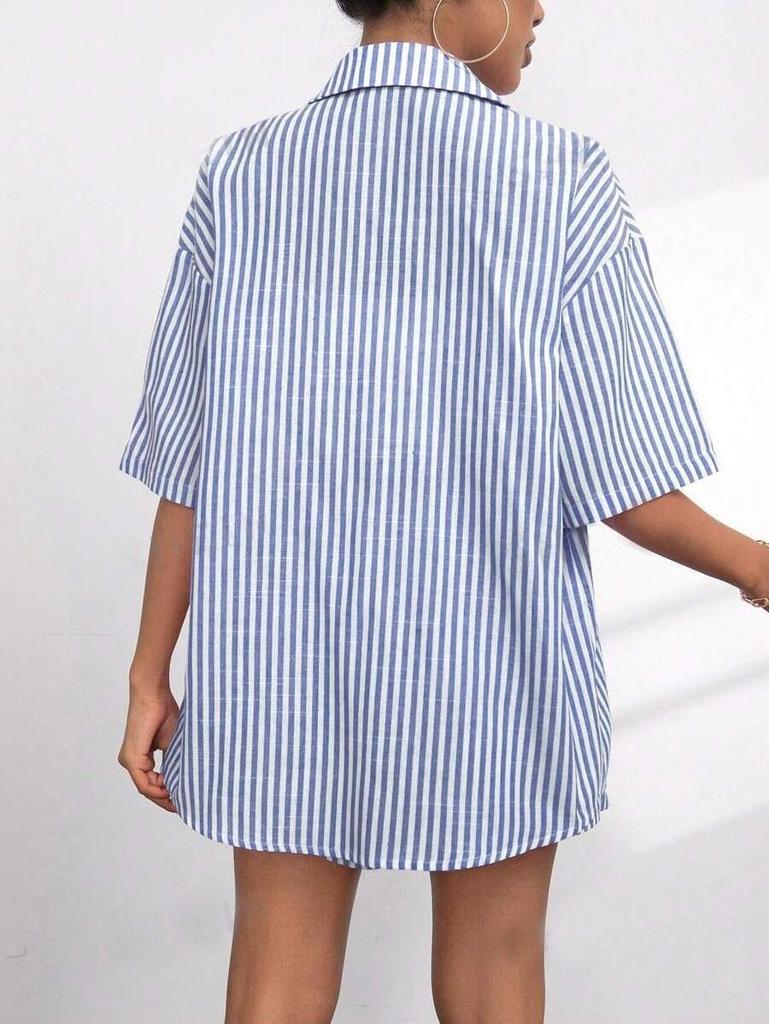 European-American 2026 Summer Fashion Striped Lapel Short-Sleeve Top & Short-Pants Casual Women's Two-Piece Set