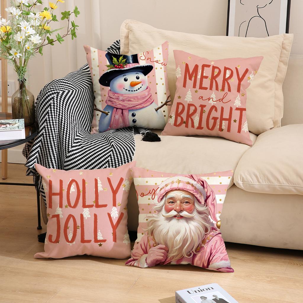 New Christmas Pillow Case Pink Snowman Print Combination Pillow Linen Stain-resistant Living Room Sofa Pillow