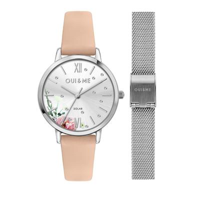 Fleurette Pink Leather Strap Silver Dial Solar ME010373 Women's Watch With Extra Bracelet