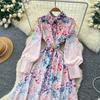 Vintage Style Color-Blocked Floral Print Turn Down Collar Shirt Dress for Women Spring 2026 Fashion Tie-Waist Single-Button Long Maxi Dress