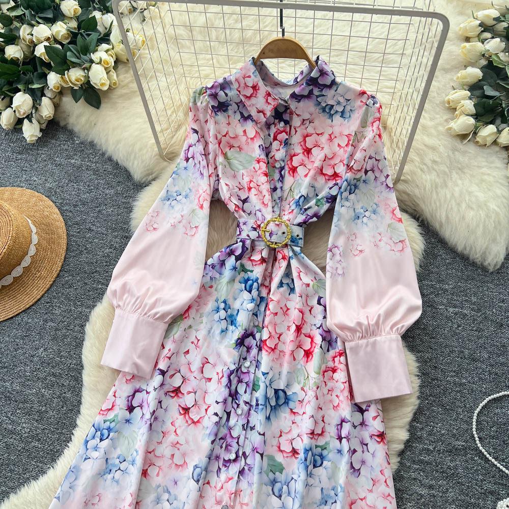 Vintage Style Color-Blocked Floral Print Turn Down Collar Shirt Dress for Women Spring 2026 Fashion Tie-Waist Single-Button Long Maxi Dress