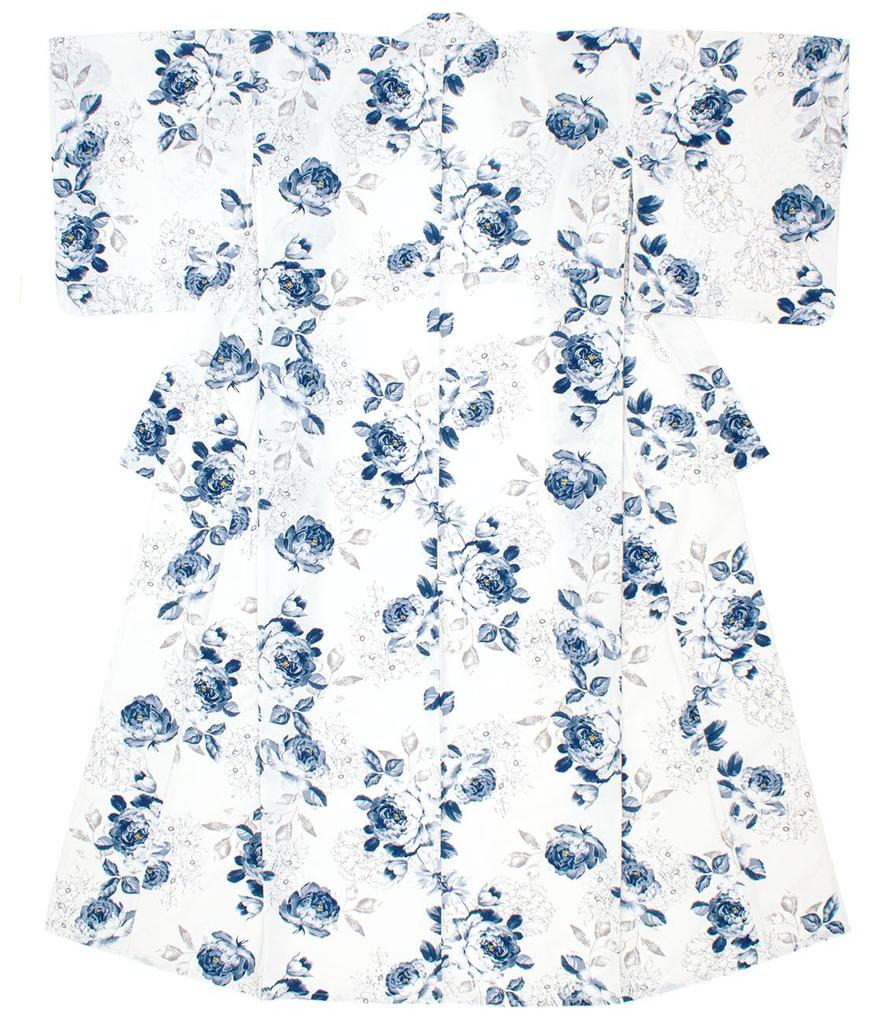 SOUBIEN Floro Yukata Set and Free Blue Chrysanthemum Design in Greige Women's 3-Piece (Yukata, Obi, Geta), Size, (ykt10272-obs10031)