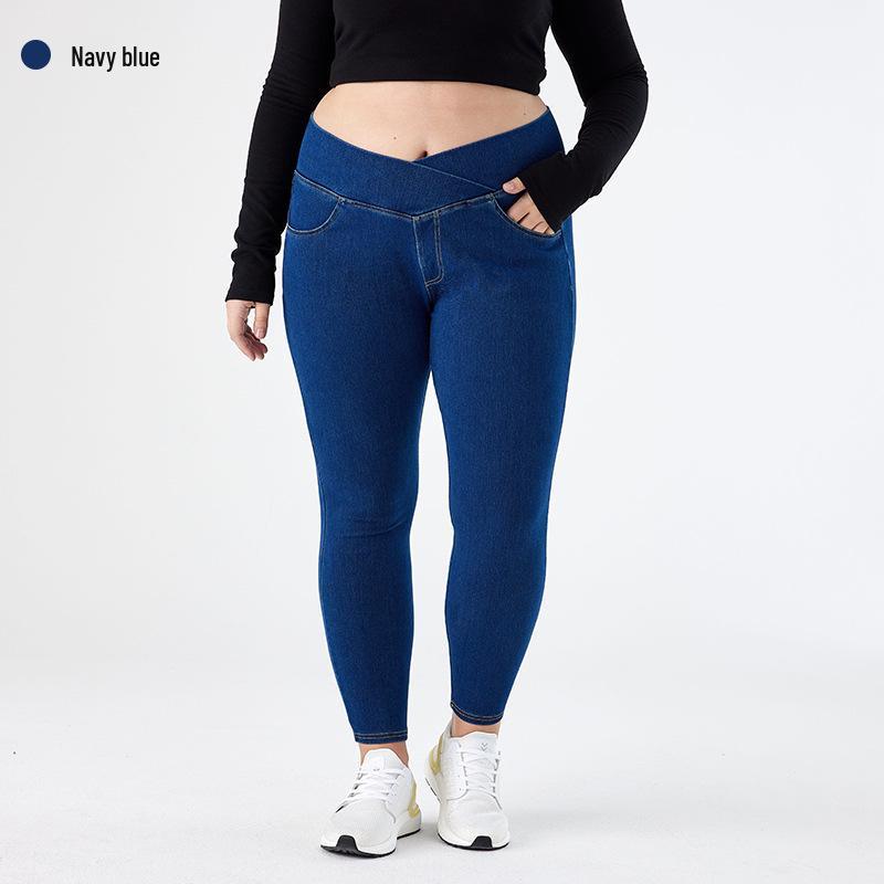 Women's High-Waist Cross-Waist Denim Skinny Jeans - Plus Size, Slimming Fit, Casual