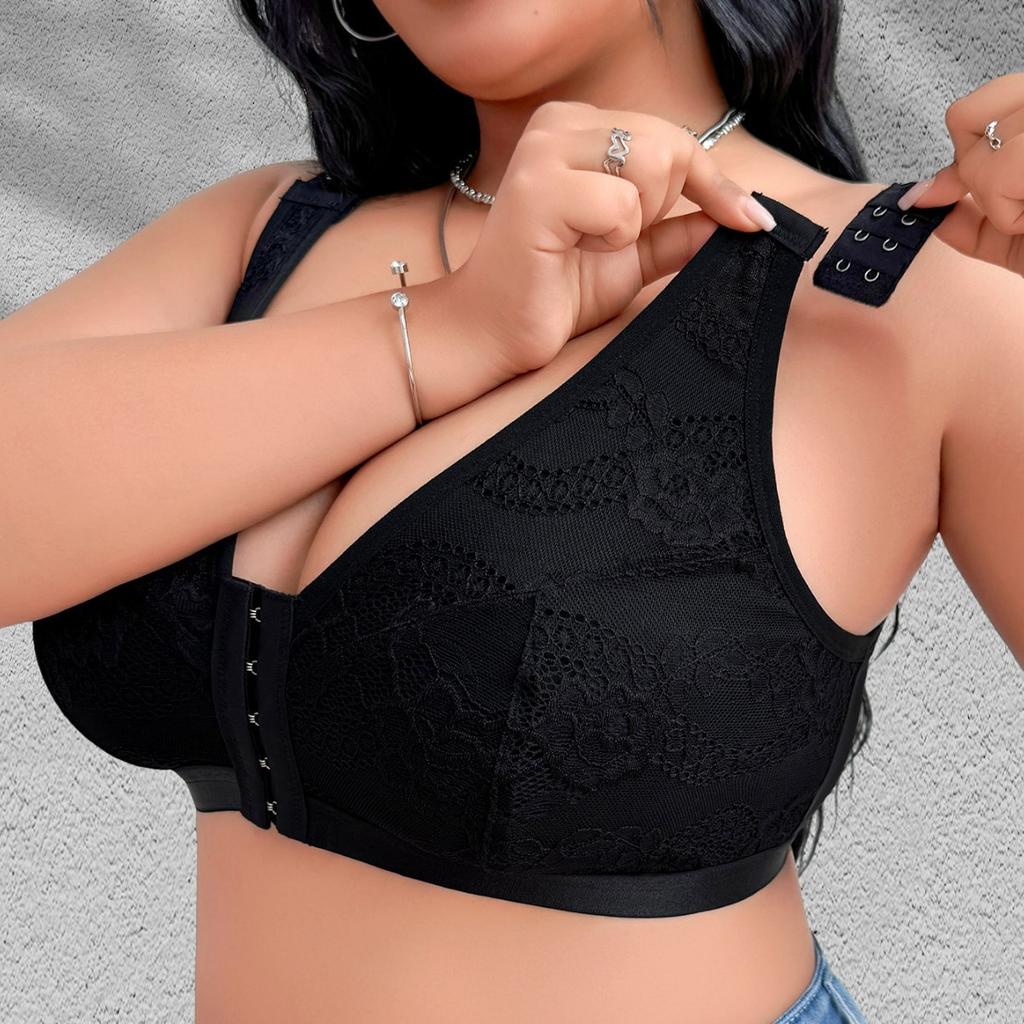 Plus Size Floral Lace Front Closure Full Coverage Bra