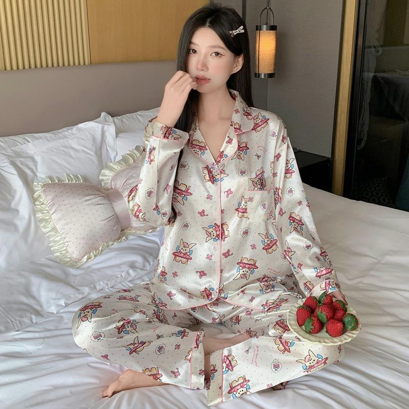 French Cute Cat Ice Silk Pajamas Women'S Spring And Autumn Sweet Wind Cool Long-Sleeved Loungewear Suit Can Be Worn Outside