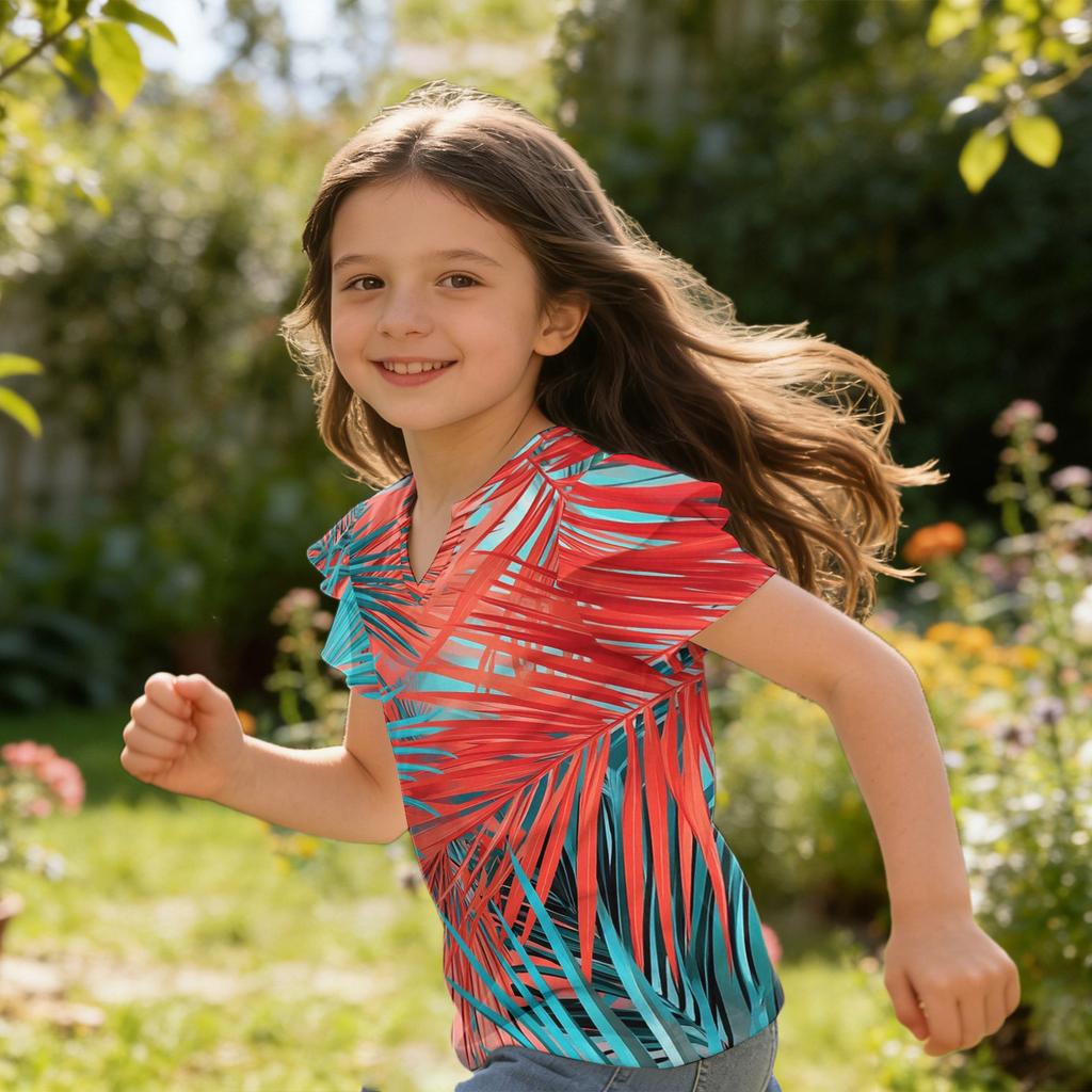 Mädchen V-Ausschnitt Rüschenärmel Hawaiian Print Kurzarm T-Shirt Lässige Bluse Leichtes Sommeroberteil für Kinder