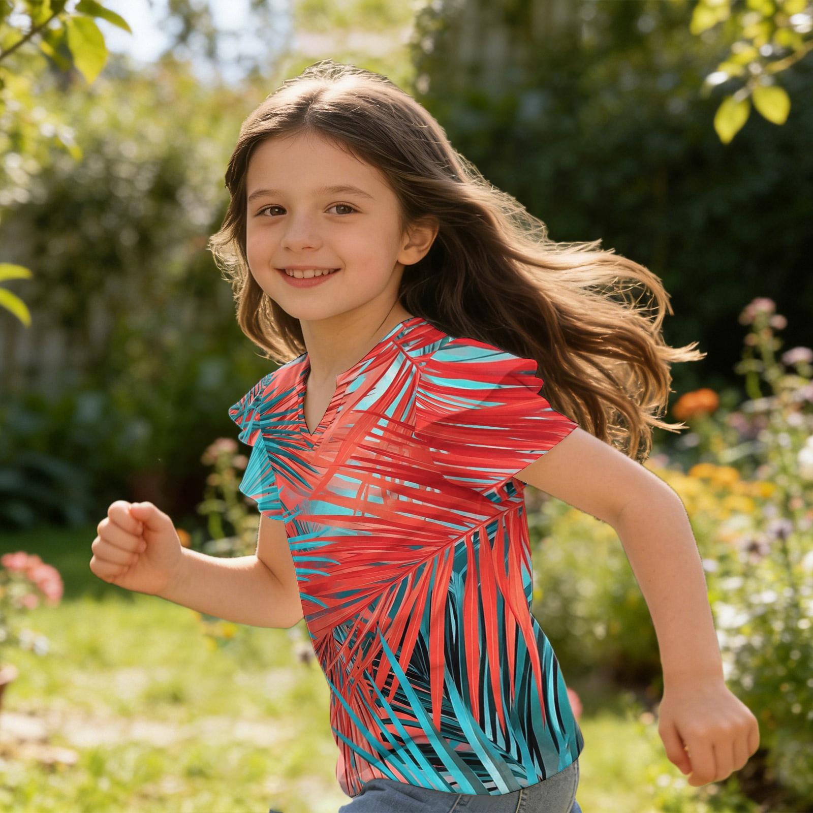 

Girls V Neck Ruffle Sleeve Hawaiian Print Short Sleeve T Shirt Casual Blouse Lightweight Summer Top for Kids 110