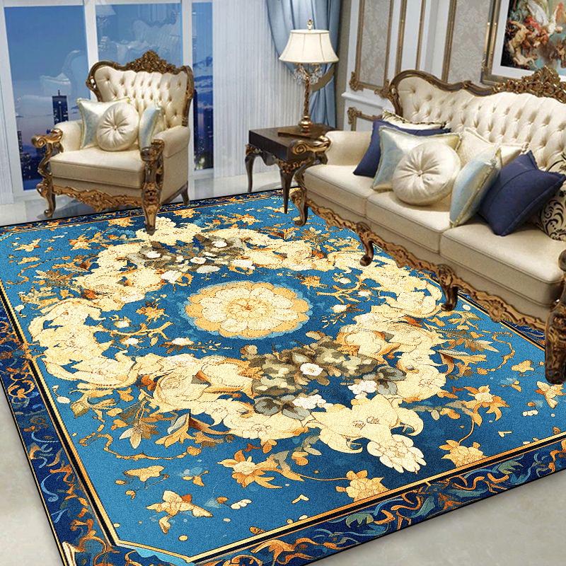 European Gold Floral Carpet Living Room Blue Decoration Sofa Area Rugs Non-slip Home Bedroom Cloakroom Soft Floor Mat Washable
