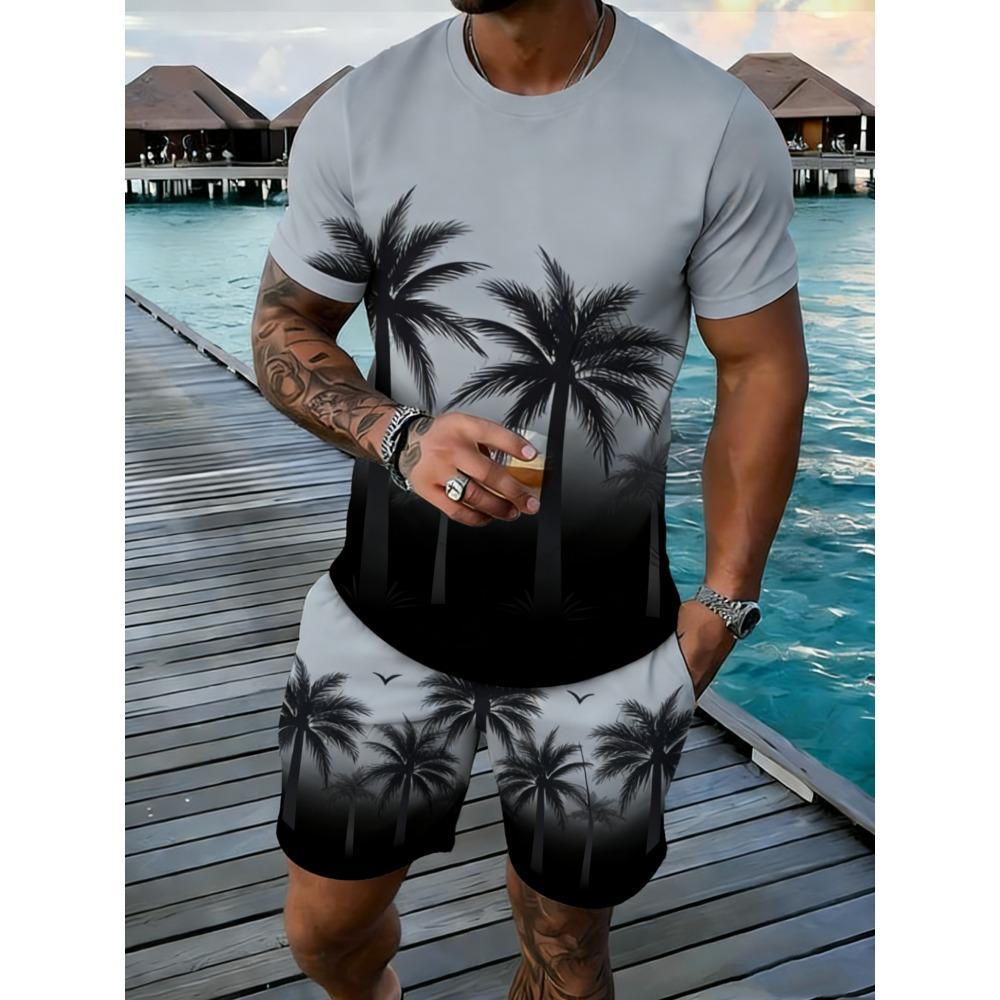 Popular Coconut Tree Printed T-shirt Sets Hawaii Style Tee Shorts Outfits Summer Vacation Two-piece Sets Hot Sell Men's Clothing