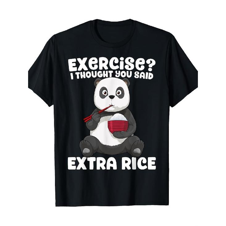 Men'S Funny Panda Extra Rice Graphic T-Shirt | Machine Washable, Short Sleeve, Crew Neck, Casual Summer & Outdoor Activewear, Blend, Black with White