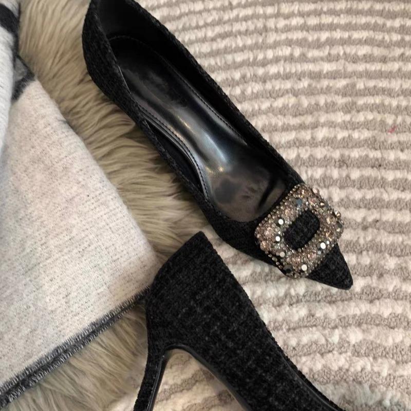 

New black high heels pointed rhinestones light mouth short heel square buckle sexy temperament single shoes women 39