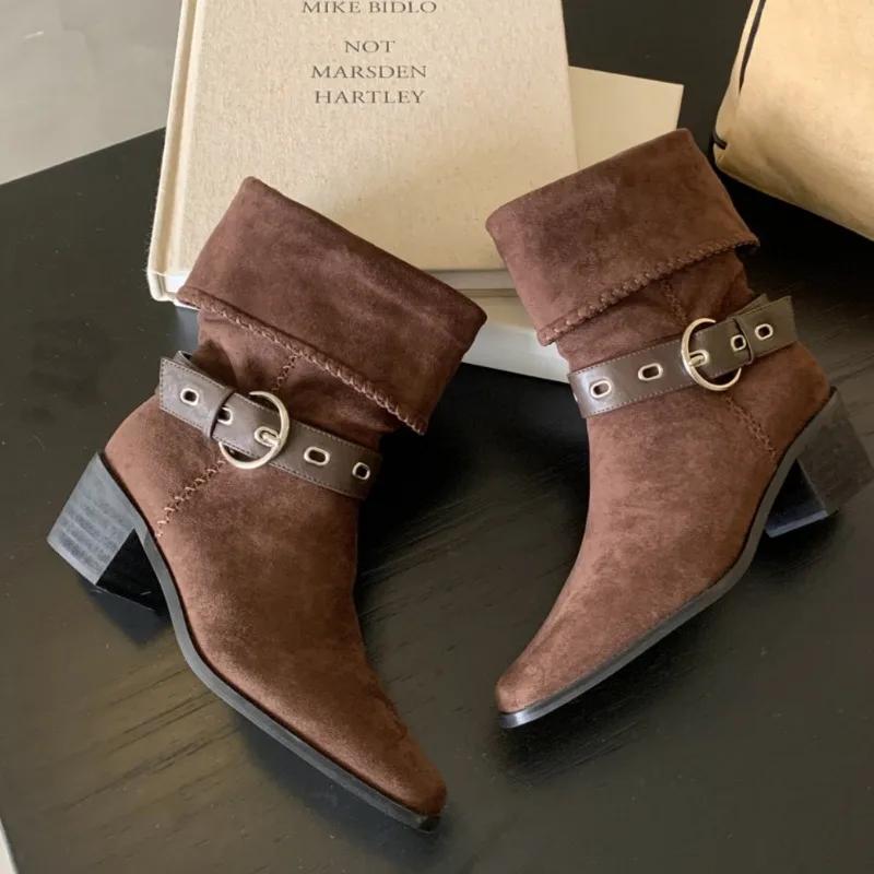 Autumn Winter Suede Ankle Boots for Women Fashion Belt Buckle Design Chunky Heel Knight Boot Ladies Casual Outdoor Cowboy Boots